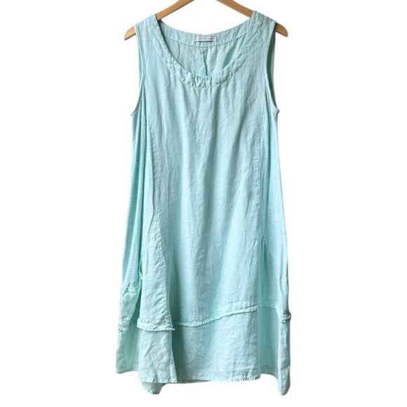 Cut Loose Linen Combo Asym Tunic Dress in Mente Green Blue Sz L - Picture 4 of 15